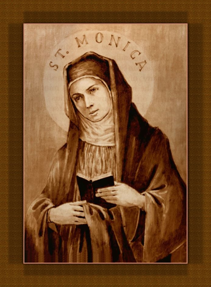 St. Monica religious icon, revered Christian figure, prayer and sainthood, stained glass art, religious artwork, Christian devotion, spiritual iconography.