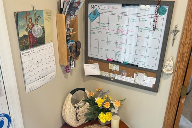 calendar and organizational board for Margaret Gartlguber, featuring daily schedules, notes, and motivational items.