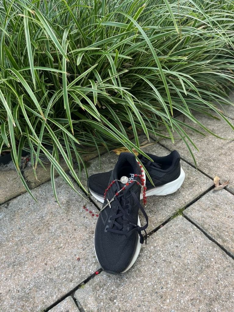 black sneakers and a red rosary on sidewalk by ornamental grasses
