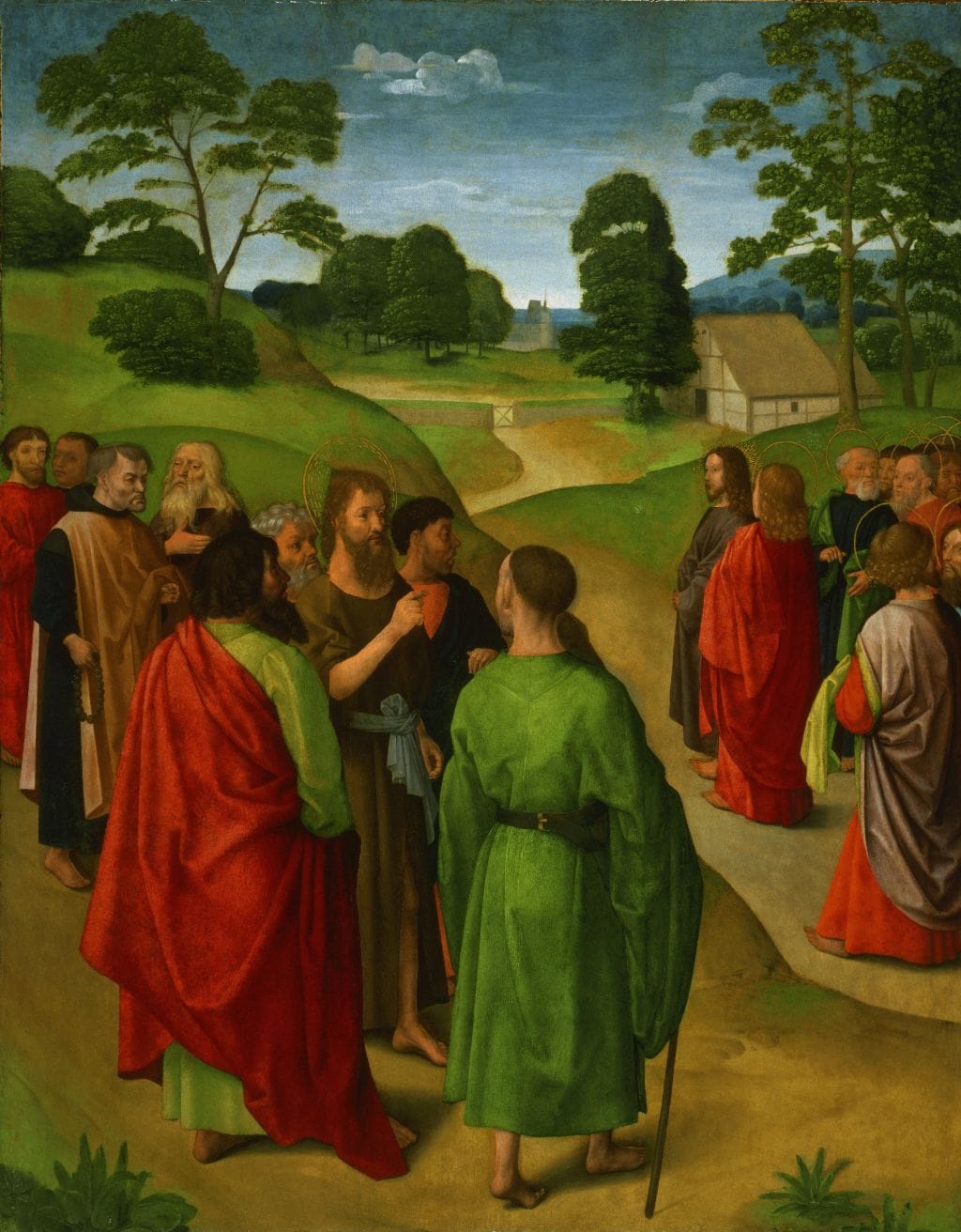 Religious scene with Jesus teaching a group of people outdoors in a lush landscape.